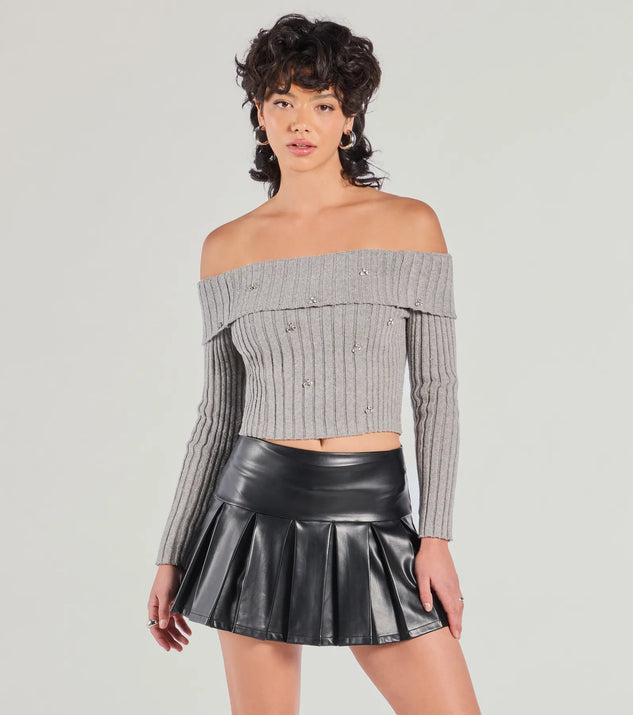 The Cozy Glitz Off-The-Shoulder Rhinestone Sweater in gray with a modern design and trendy look is part of the latest women's tops collection to elevate your 2025 wardrobe.
