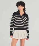 The Stylish Stripes Collared Knit Sweater in black with a modern design and trendy look is part of the latest women's tops collection to elevate your 2025 wardrobe.