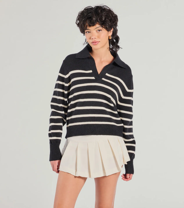 The Stylish Stripes Collared Knit Sweater in black with a modern design and trendy look is part of the latest women's tops collection to elevate your 2025 wardrobe.