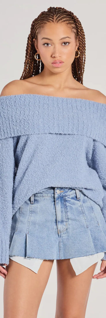 The Chilly Days Off-The-Shoulder Sweater in light blue with a modern design and trendy look is part of the latest women's tops collection to elevate your 2025 wardrobe.