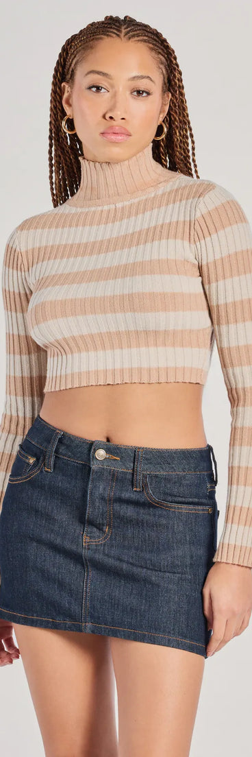 The Preppy Fave Striped Knit Turtleneck Top in taupe with a modern design and trendy look is part of the latest women's tops collection to elevate your 2025 wardrobe.