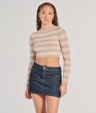 The Preppy Fave Striped Knit Turtleneck Top in taupe with a modern design and trendy look is part of the latest women's tops collection to elevate your 2025 wardrobe.