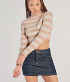 The Preppy Fave Striped Knit Turtleneck Top in taupe with a modern design and trendy look is part of the latest women's tops collection to elevate your 2025 wardrobe.