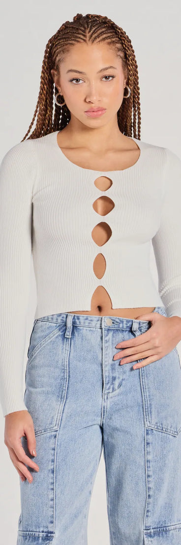 The Made The Cutout Long Sleeve Sweater Crop Top in ivory with a modern design and trendy look is part of the latest women's tops collection to elevate your 2025 wardrobe.