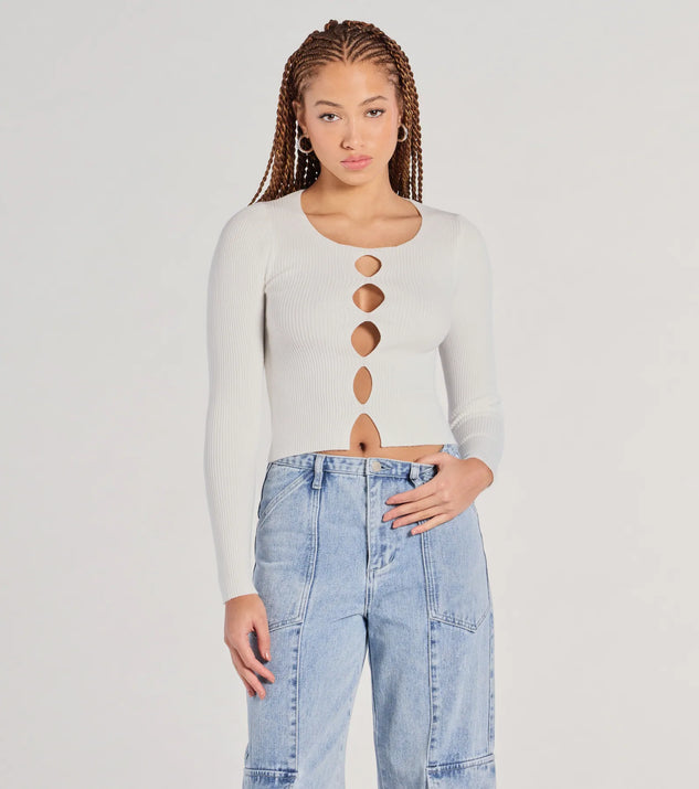 The Made The Cutout Long Sleeve Sweater Crop Top in ivory with a modern design and trendy look is part of the latest women's tops collection to elevate your 2025 wardrobe.