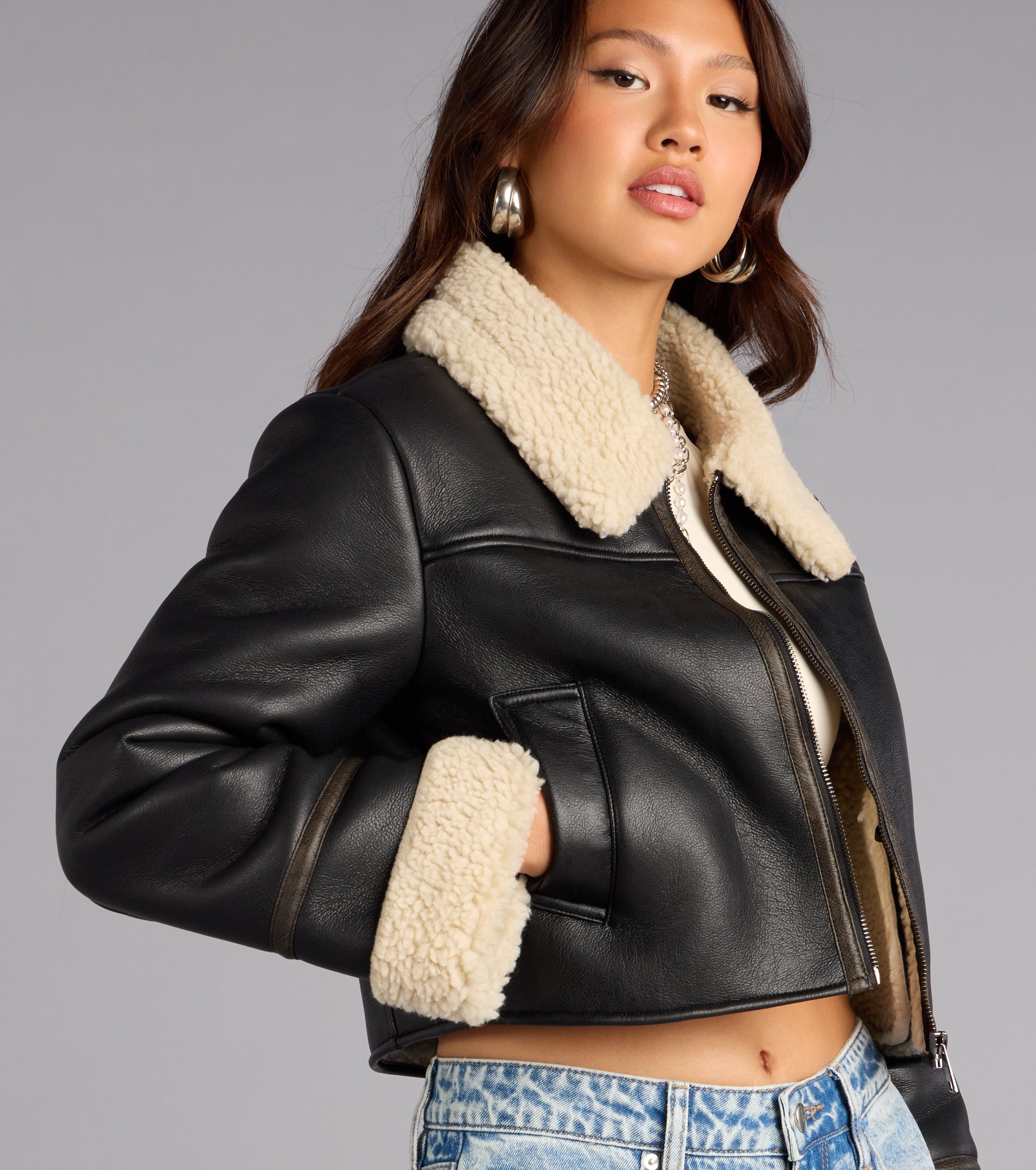 Downtown Girl Faux Leather Sherpa Crop Jacket | Windsor