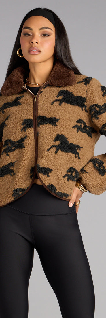Wild Spirit Horse Print Faux Sherpa Jacket