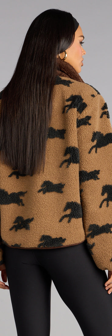 Wild Spirit Horse Print Faux Sherpa Jacket