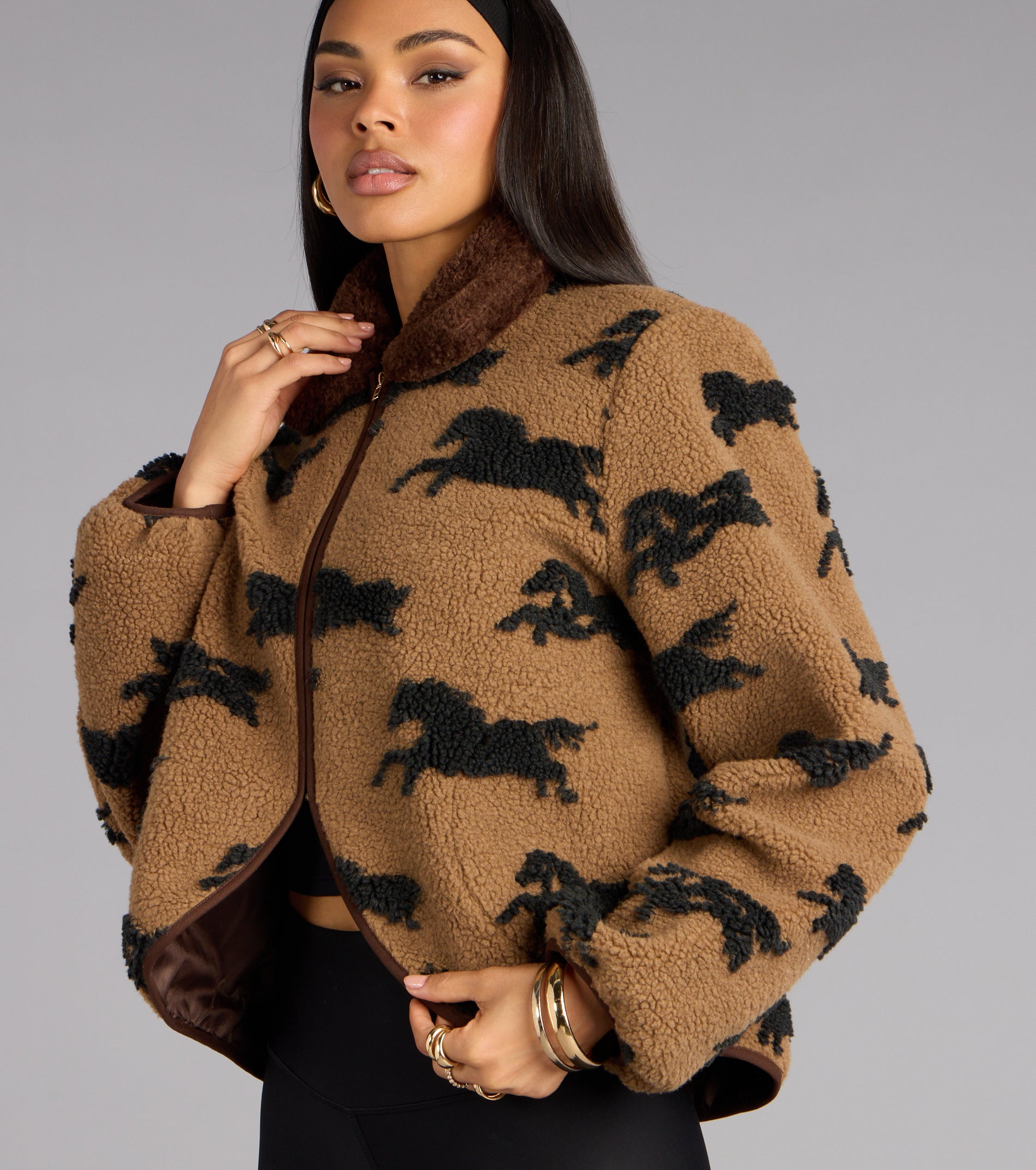 Wild Spirit Horse Print Faux Sherpa Jacket | Windsor
