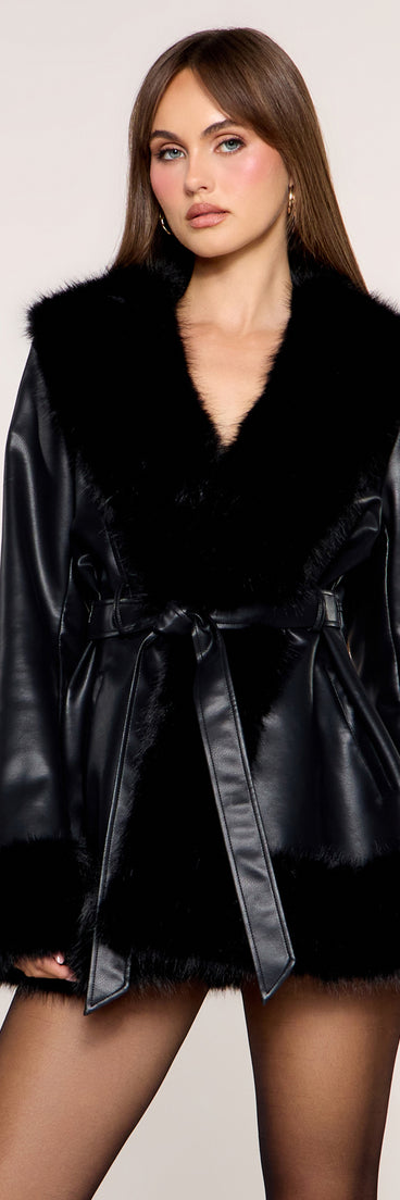 Belted Up Faux Fur Trim Faux Leather Jacket