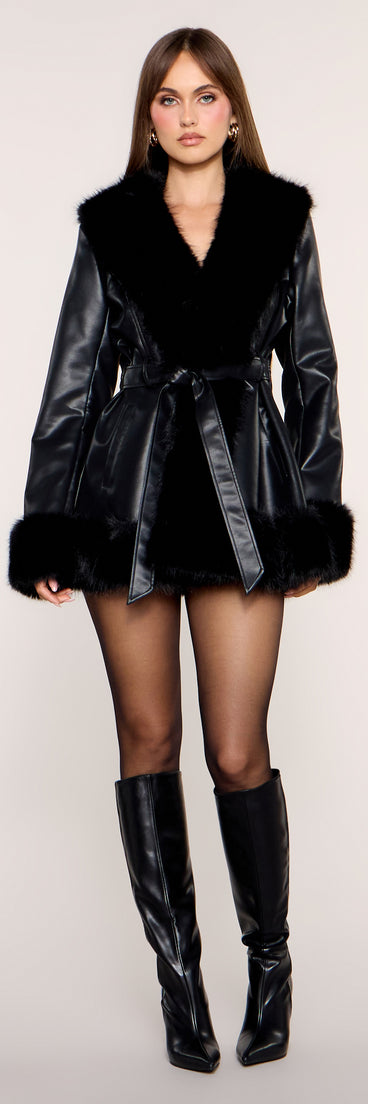 Belted Up Faux Fur Trim Faux Leather Jacket