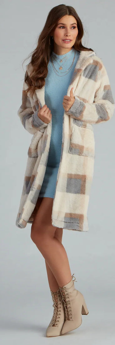 So Stunning Faux Fur Plaid Coat