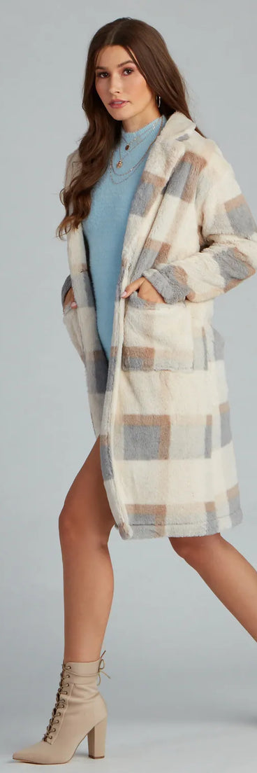 So Stunning Faux Fur Plaid Coat