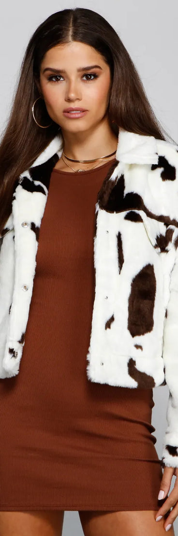 On Trend Faux Fur Cow Print Jacket