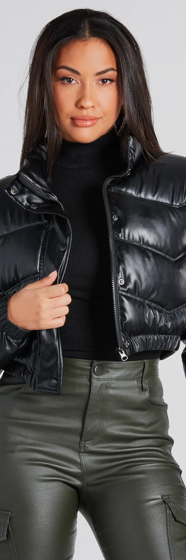 Slick Style Faux Leather Cropped Puffer Jacket