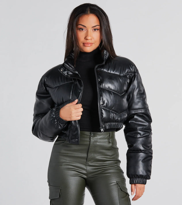 Slick Style Faux Leather Cropped Puffer Jacket Windsor