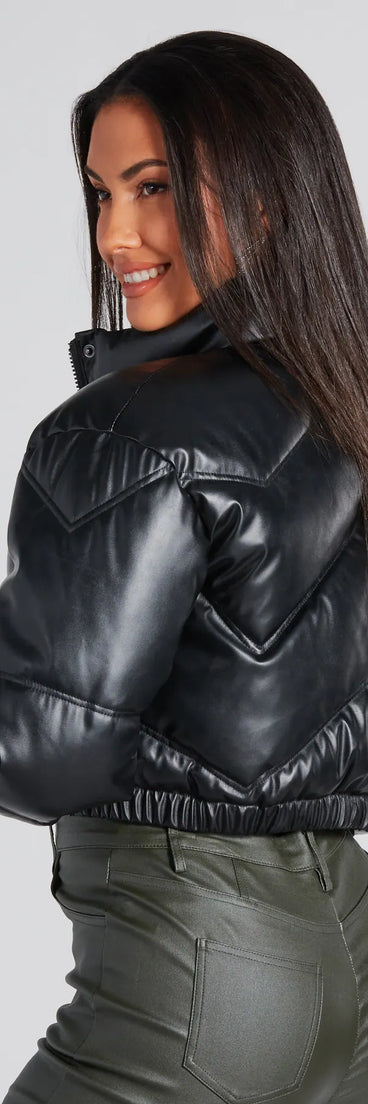 Slick Style Faux Leather Cropped Puffer Jacket