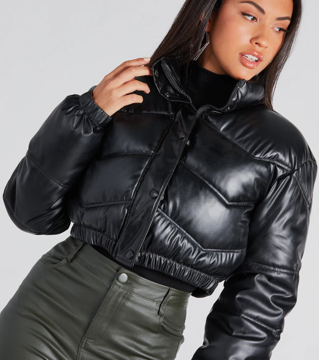 Slick Style Faux Leather Cropped Puffer Jacket Windsor