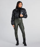 Slick Style Faux Leather Cropped Puffer Jacket