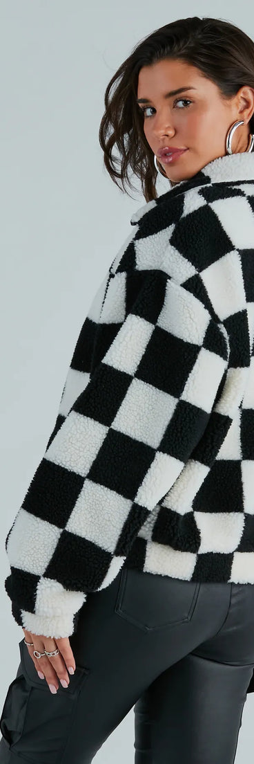 Coolness In Check Faux Sherpa Bomber Jacket