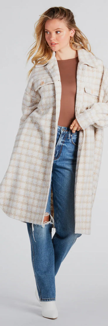 Setting Trends Faux Wool Houndstooth Long Shacket