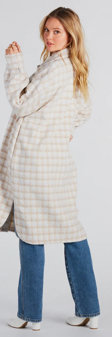 Setting Trends Faux Wool Houndstooth Long Shacket