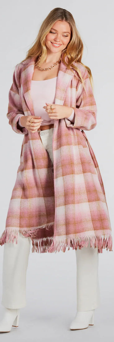 Perfect Plaid Fringe Faux Wool Trench Coat