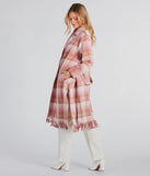Perfect Plaid Fringe Faux Wool Trench Coat