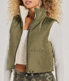 Stay chic this winter with Casual Sleek Reversible Cropped Puffer Vest, a olive women's coat perfect for layering. Featuring textured fabric and a trendy fit, this lightweight coat for women transitions effortlessly from cozy everyday wear to formal evening events.