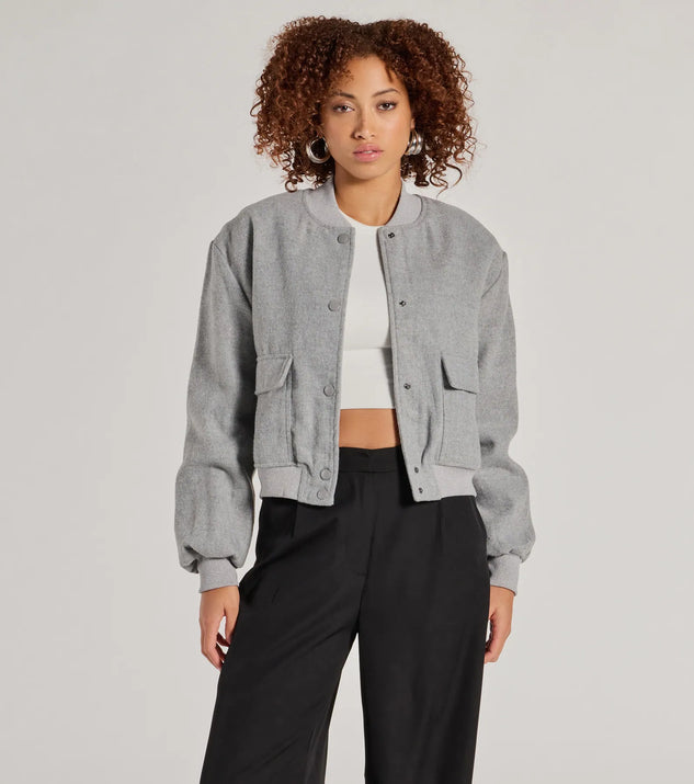 
Upgrade your style game for 2025 with the Cool Girl Energy Faux Wool Bomber Jacket in heather, perfect for any fashion-forward wardrobe.