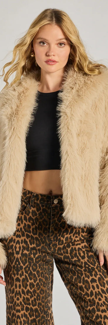 Celebrate in style with this stunning taupe going-out outfit essential, the Glam Aura Faux Fur Jacket, featuring the latest statement-making details and a glamorous design perfect for any festive 2025 event.