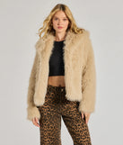 Celebrate in style with this stunning taupe going-out outfit essential, the Glam Aura Faux Fur Jacket, featuring the latest statement-making details and a glamorous design perfect for any festive 2025 event.