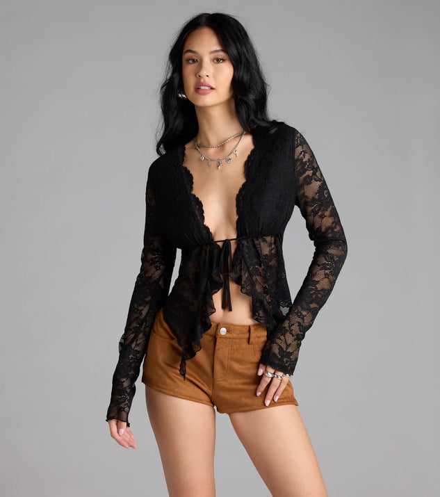 Serve effortless style and scroll-stopping energy in the Delicate Flair Floral Lace Tie-Front Top, part of a black matching clothing set that does the work for you with bold, polished vibes from top to bottom.