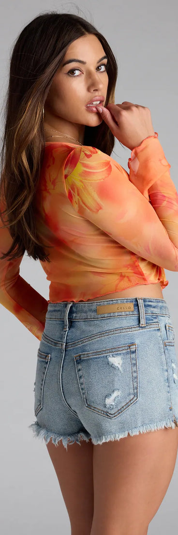 Add a sleek touch to your outfit with this orange long sleeve top—the Tropical Daze Tie Front Mesh Crop Top makes effortless transitions from desk to dinner.