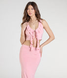 From bold to effortless, the Sensational Match Tie-Front Ruffle Crop Top lets you define your vibe with blush tops that speak your style.