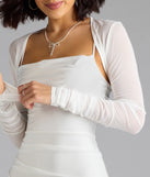 The Chic And Sheer Mesh Ruched Sleeve Bolero in white brings edge and energy to your vibe, ready to elevate any festival look or concert outfit.