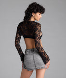 The Forever Femme Sheer Lace Long Sleeve Topper in black brings edge and energy to your vibe, ready to elevate any festival look or concert outfit.