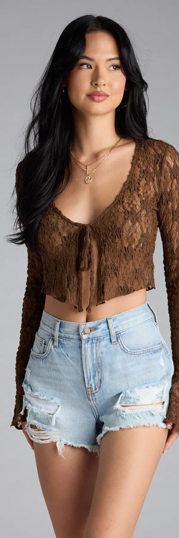 Trendy women’s tops in brown, like the Breezy Sheer Lace Tie-Front Top, bring effortless style for fall layering, lounging, or going out.
