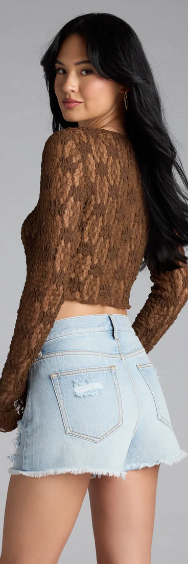 Add a sleek touch to your outfit with this brown long sleeve top—the Breezy Sheer Lace Tie-Front Top makes effortless transitions from desk to dinner.