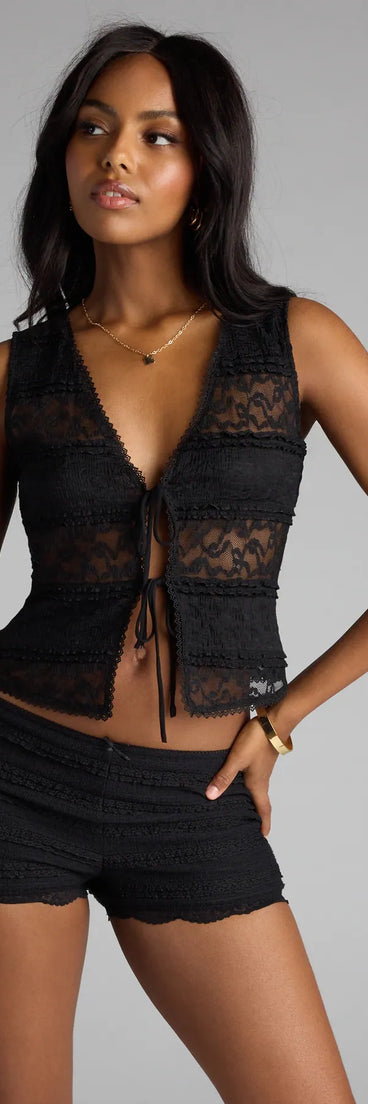 Sheer Drama Lace Tie-Front Vest
