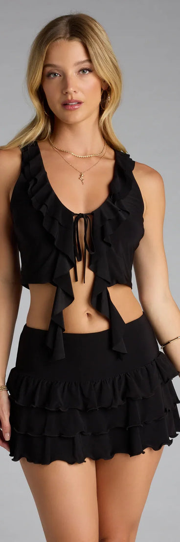 Look instantly put-together in the Sensational Match Tie-Front Ruffle Crop Top, part of a matching black clothing set designed for chic, no-fuss fall outfits.