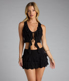 Look instantly put-together in the Sensational Match Tie-Front Ruffle Crop Top, part of a matching black clothing set designed for chic, no-fuss fall outfits.