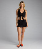 Look instantly put-together in the Sensational Match Tie-Front Ruffle Crop Top, part of a matching black clothing set designed for chic, no-fuss fall outfits.