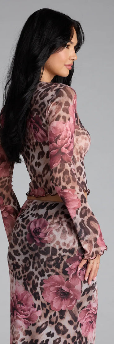 Look instantly put-together in the Fierce And Flirty Leopard Floral Tie-Front Top, part of a matching leopard print clothing set designed for chic, no-fuss fall outfits.