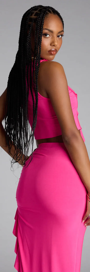 Look instantly put-together in the Ruffle Me Up Crop Top, part of a matching pink clothing set designed for chic, no-fuss fall outfits.