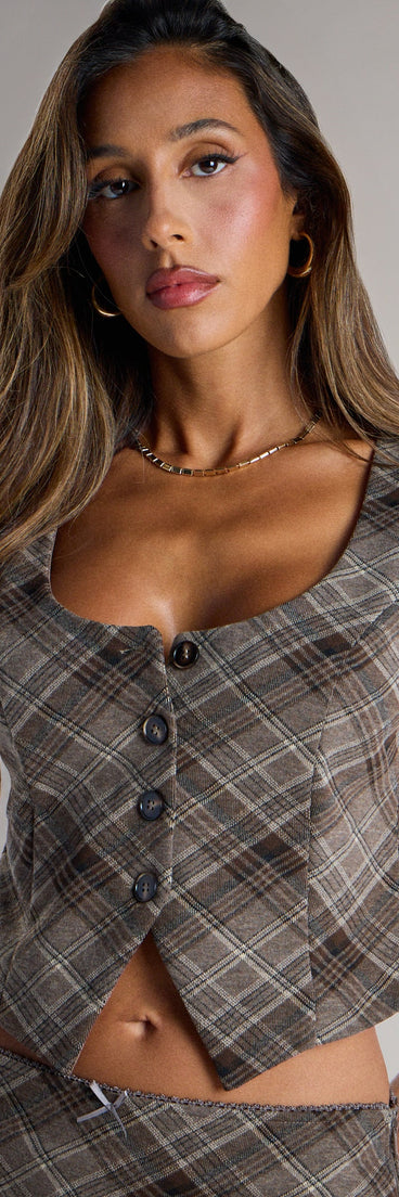 Trendy women’s tops, like the Plaid About You Vest Top, bring effortless style for fall layering, lounging, or going out.