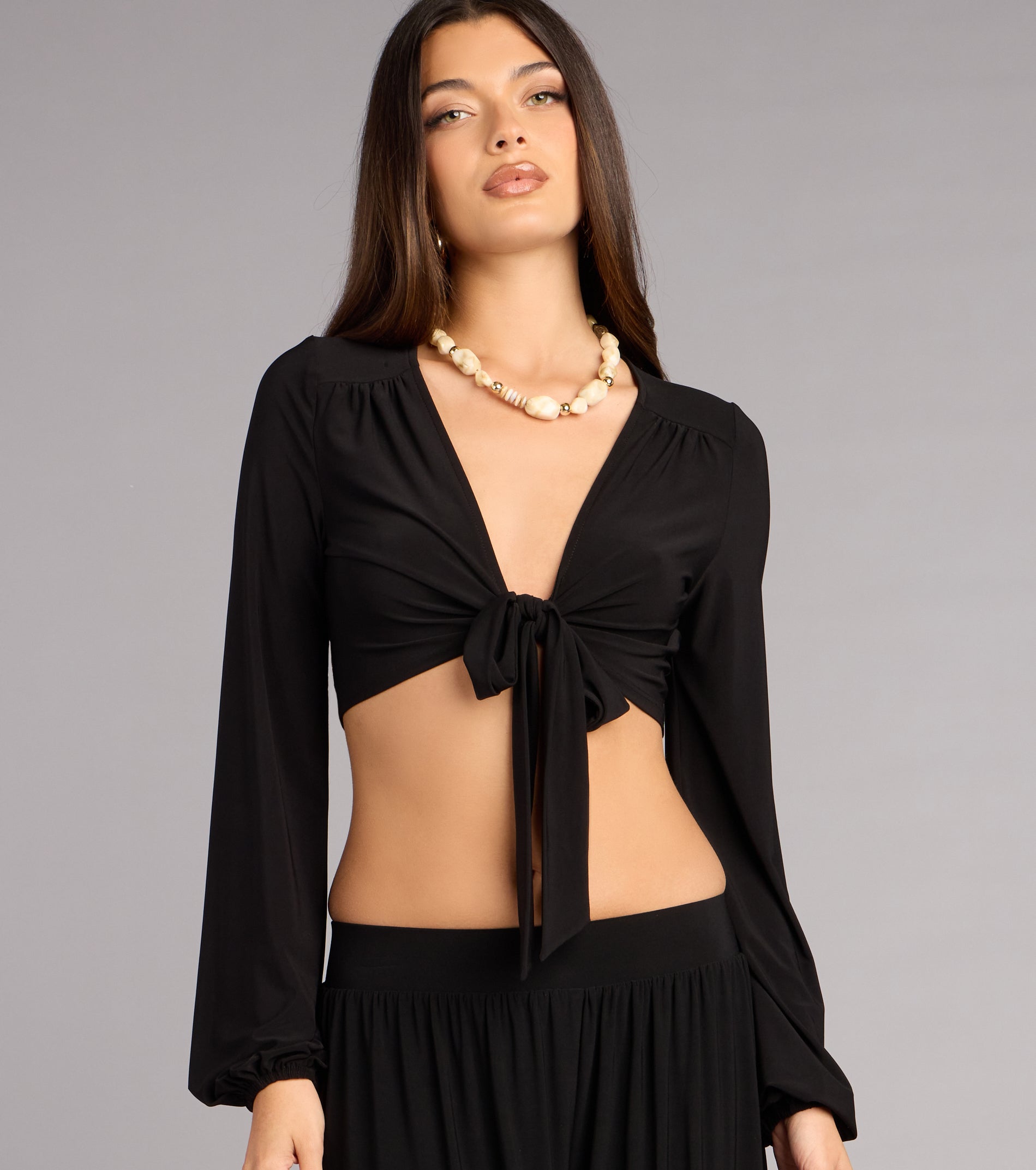Weekend Mood Long Sleeve Tie-Front Crop Top | Windsor