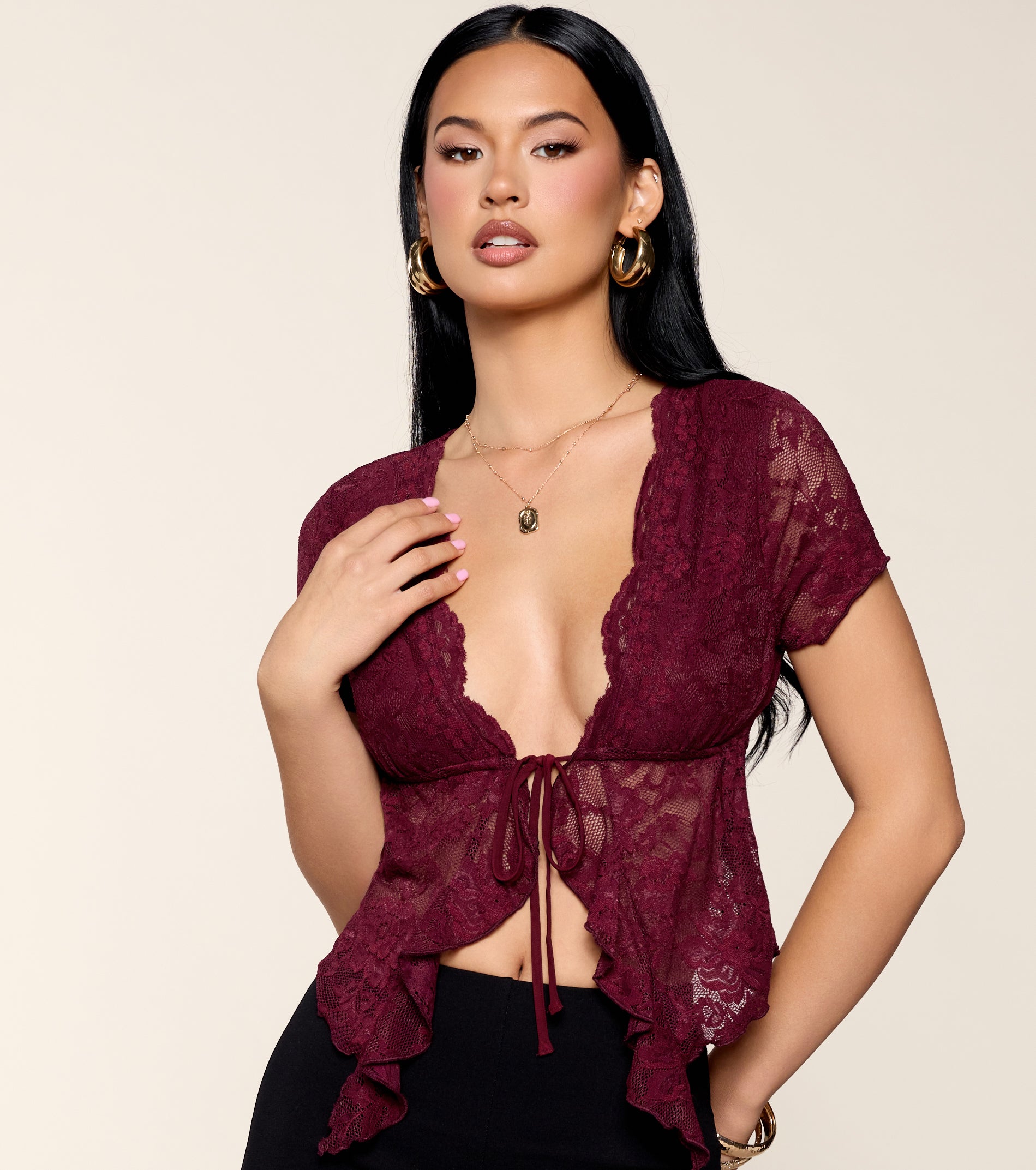 Date Confirmed Lace Ruffle Tie-Front Top | Windsor
