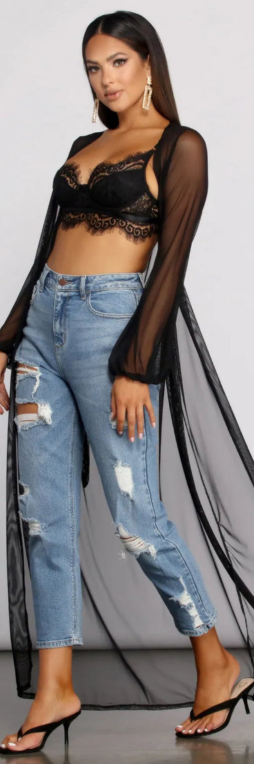 Mesh Tie Waist Long Duster