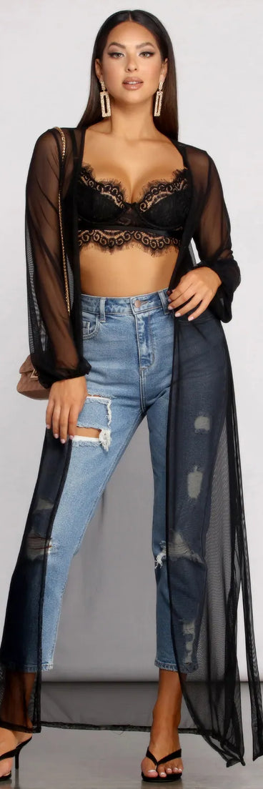 Mesh Tie Waist Long Duster